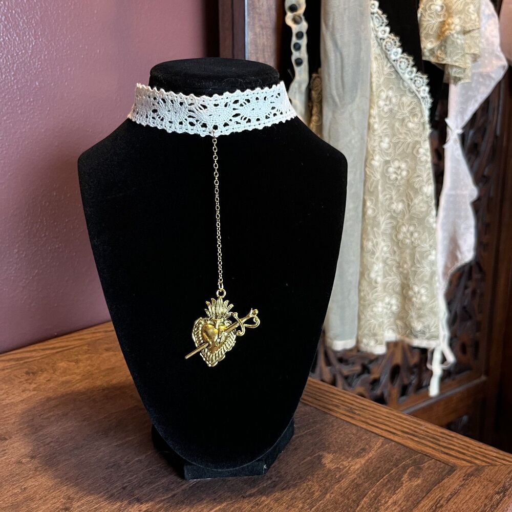 Gold Plated Sacred Heart Drop Choker Antique-Style Lace Whimsygoth Eccentric